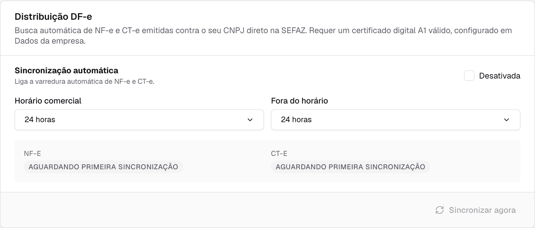 cartão Distribuição DF-e em Configurações fiscais com a sincronização automática e os últimos ciclos