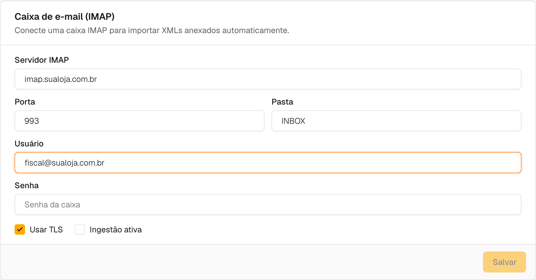 cartão Caixa de e-mail (IMAP) em Configurações fiscais com servidor, porta e usuário preenchidos