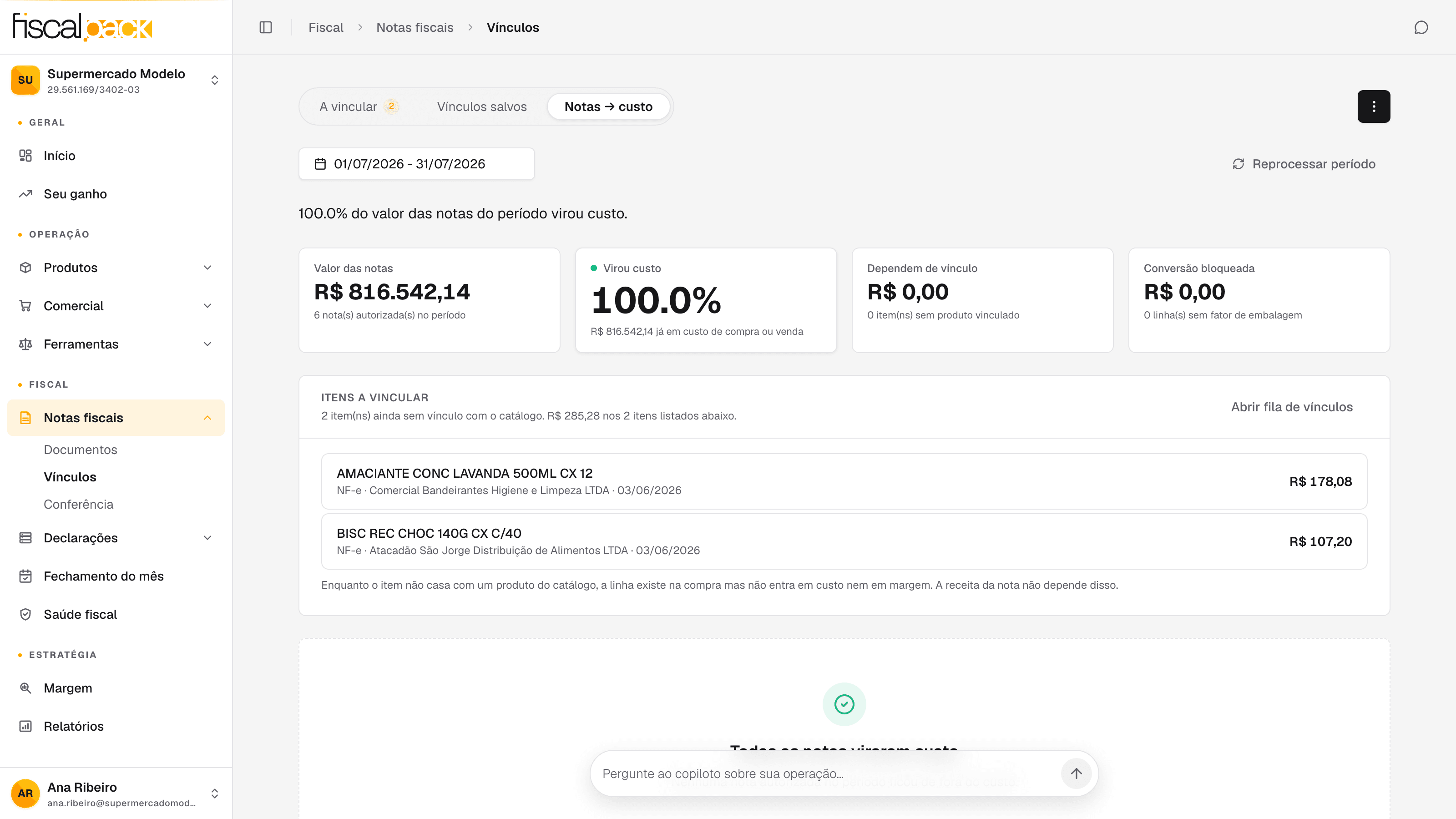 visão Notas -> custo com o valor convertido e os baldes de pendência