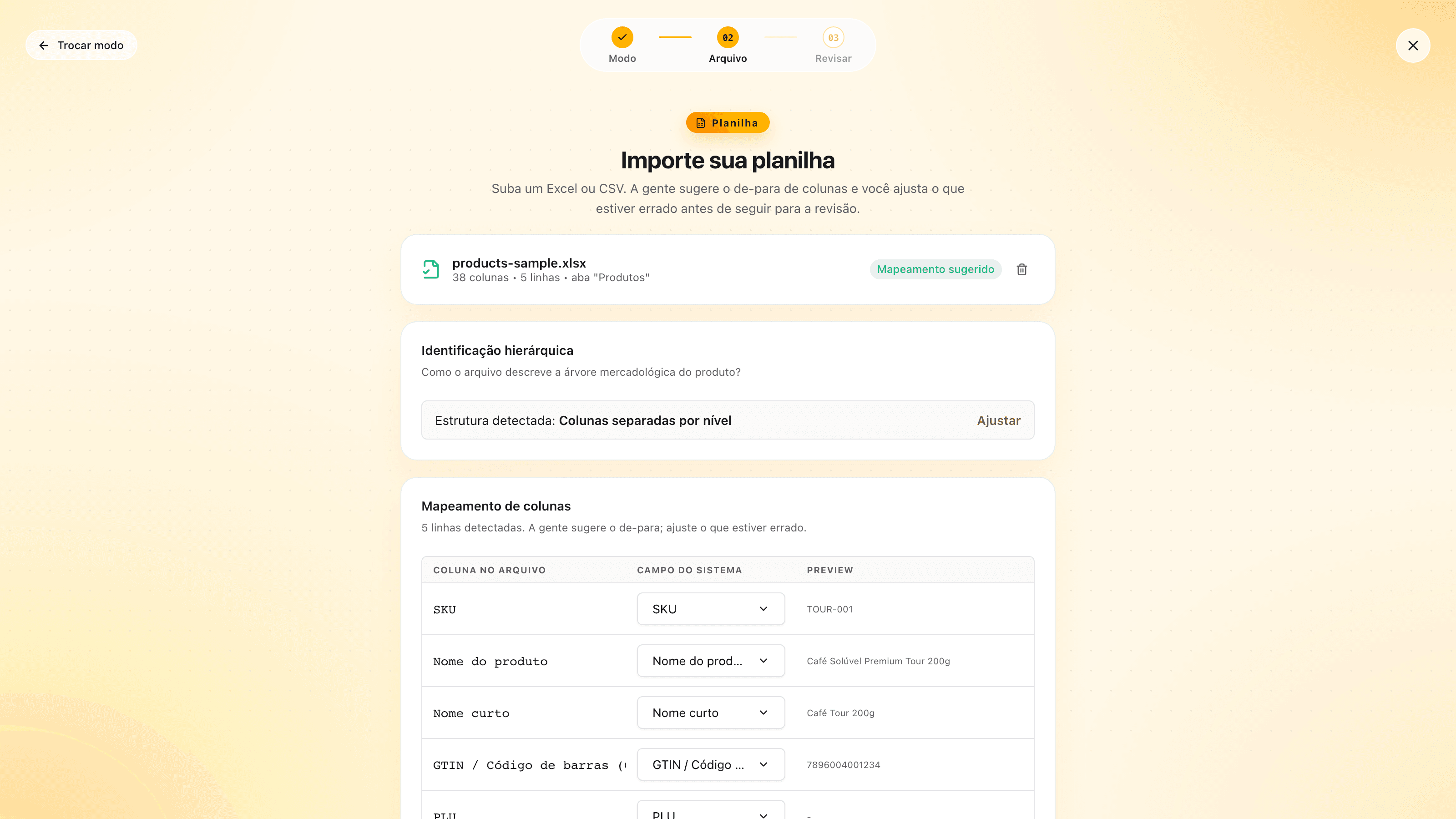 tela de mapeamento de colunas De/Para com a identificação hierárquica detectada