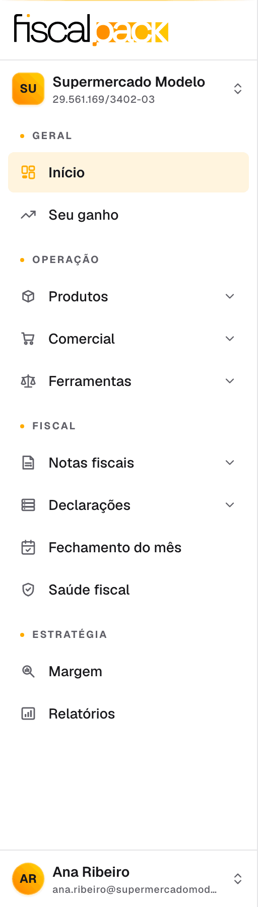 barra lateral com as quatro seções expandidas