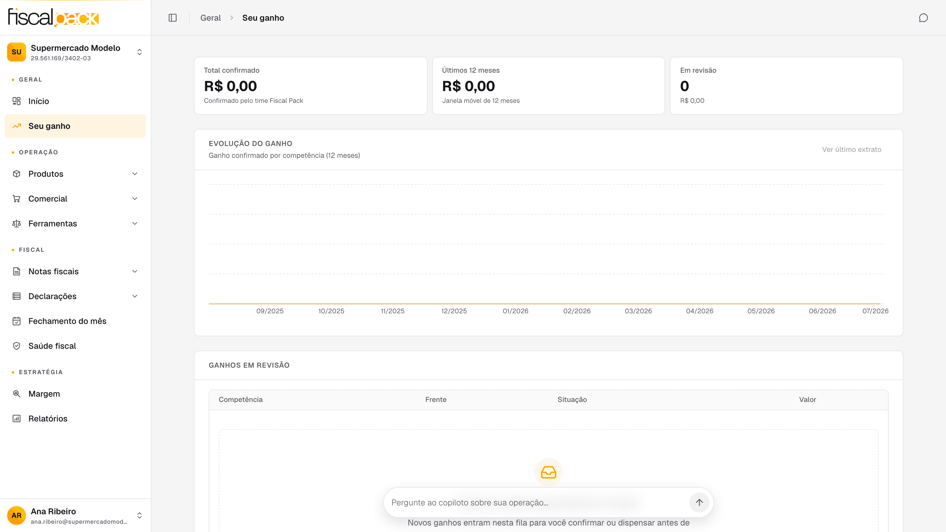 tela Seu ganho com os cartões Total confirmado, Últimos 12 meses e Em revisão