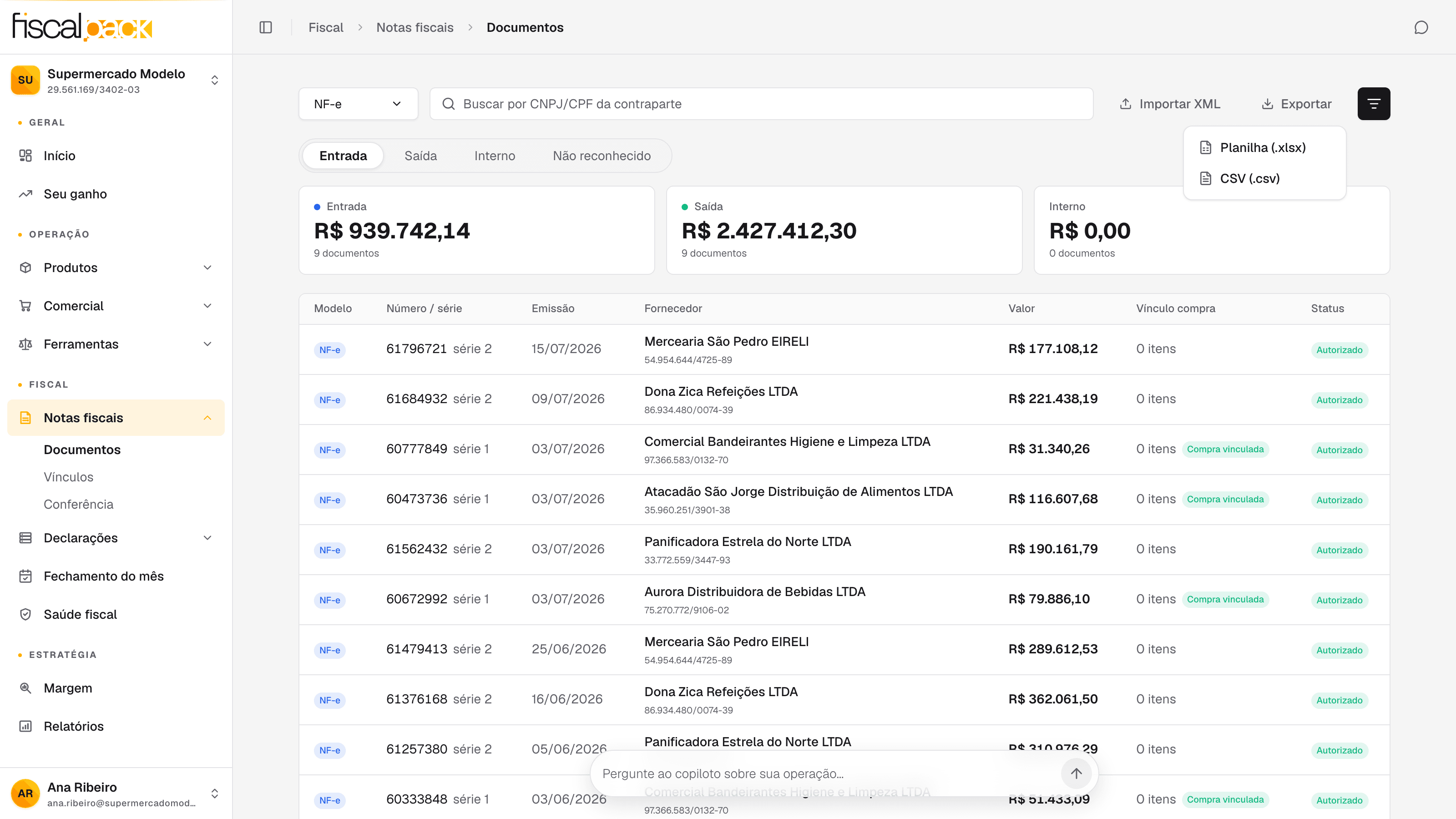 ação Exportar na lista de Notas fiscais com a escolha de formato aberta