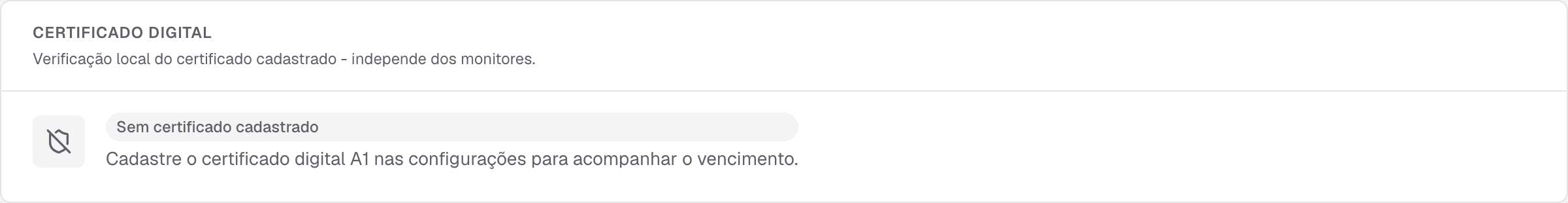 cartão Certificado digital no painel da Saúde fiscal, com a verificação local do certificado cadastrado