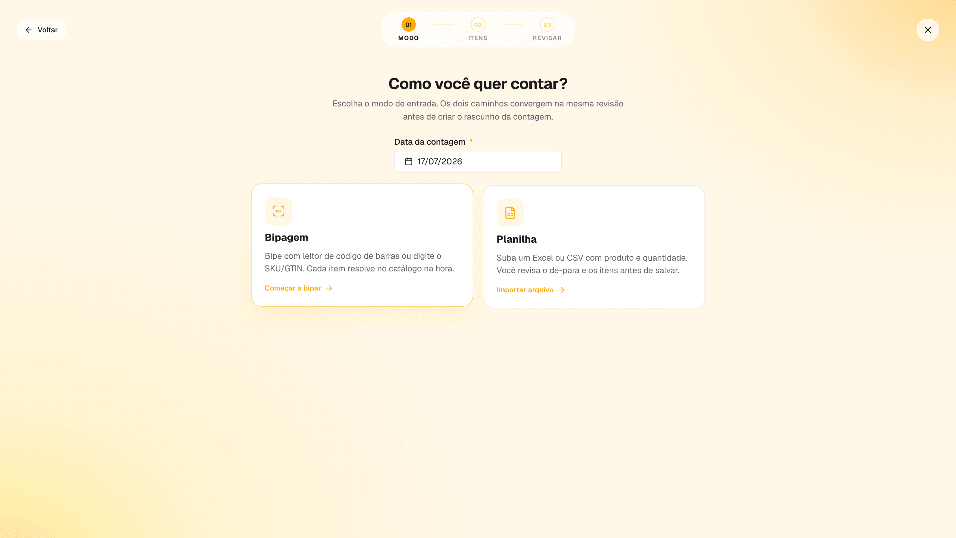 assistente de contagem na escolha entre Bipagem e Planilha, com a data da contagem