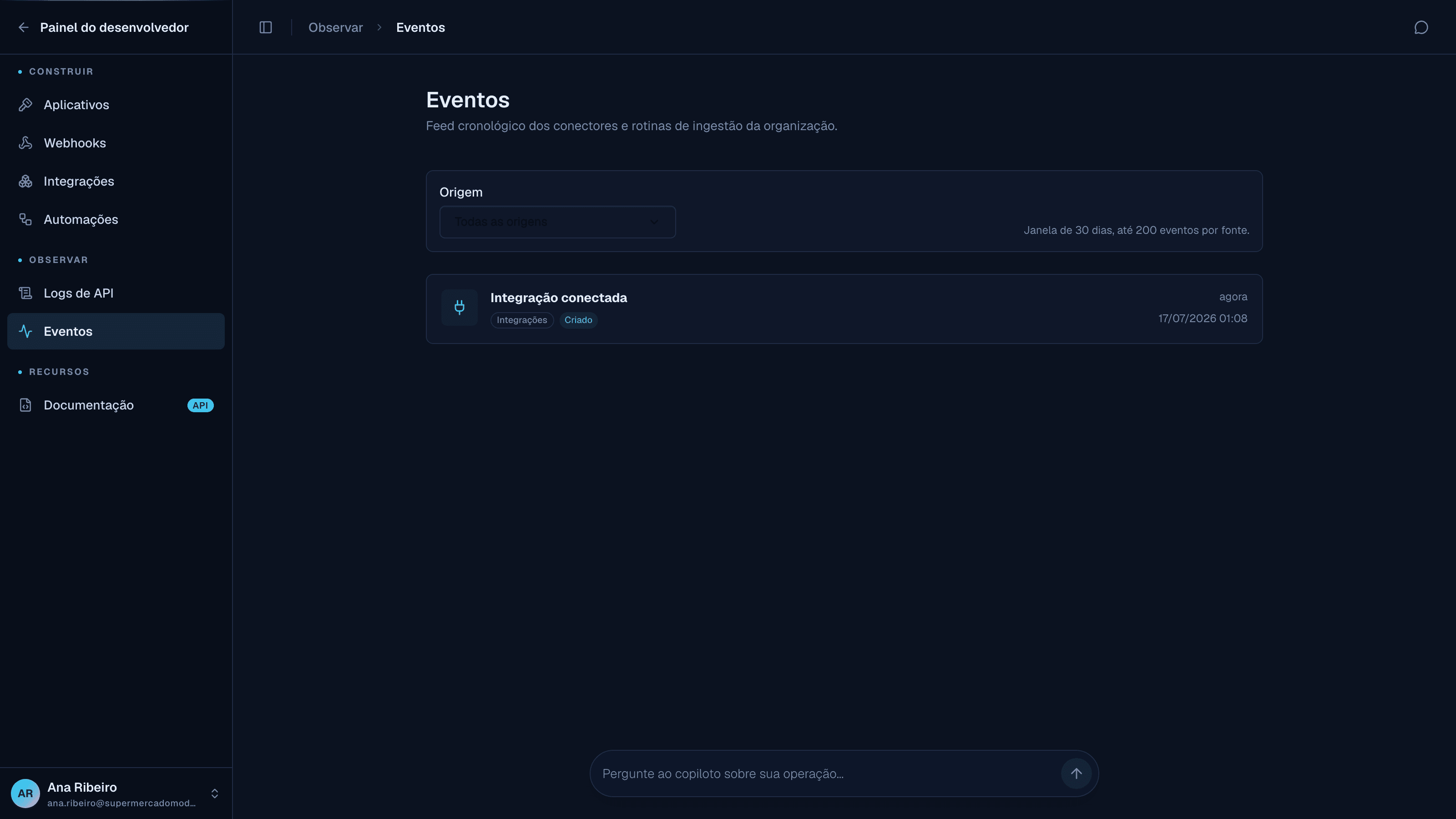 tela Eventos com o filtro por origem e o feed dos conectores