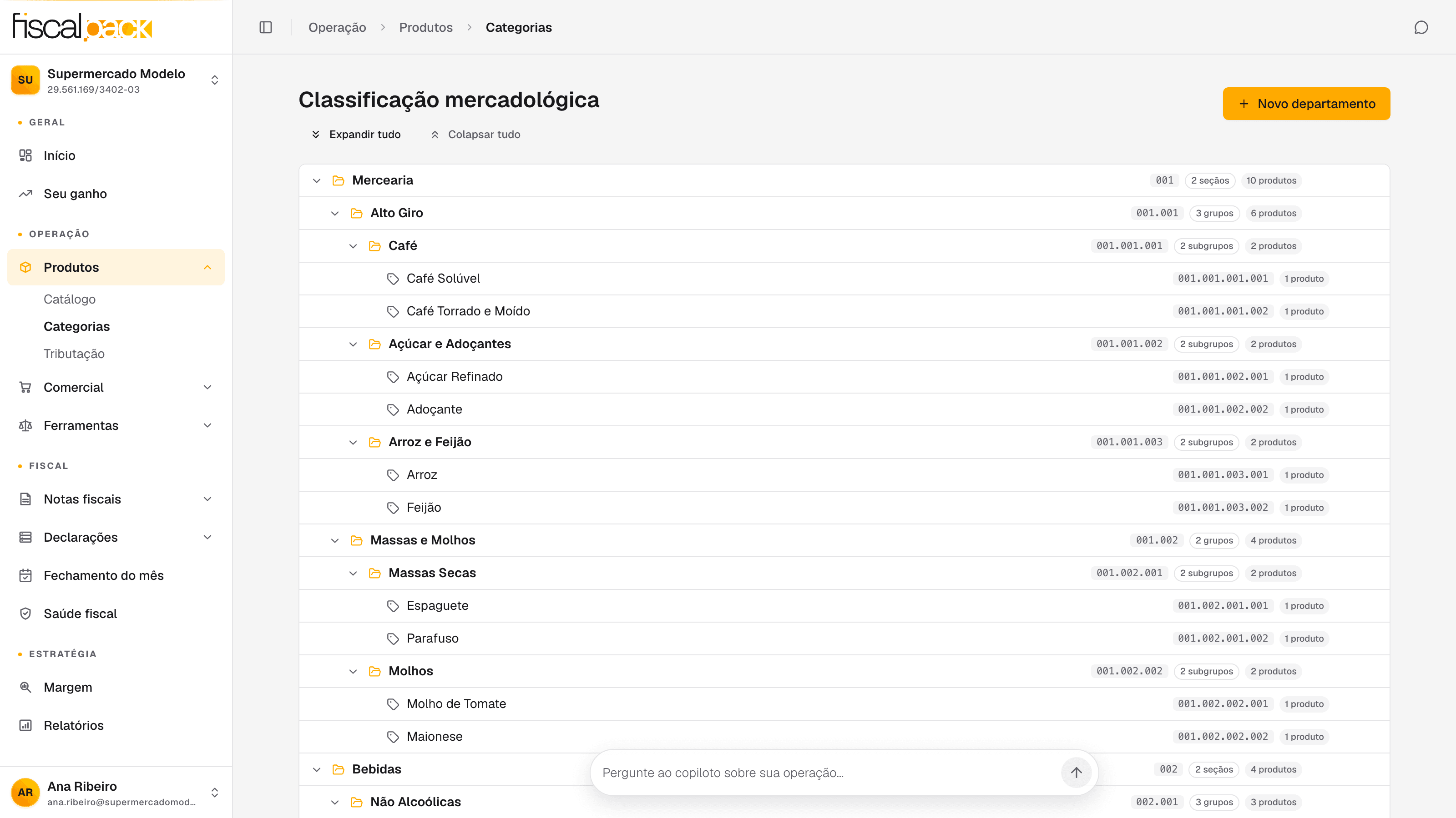 tela de Categorias com a árvore expandida e o menu de ações de um nó