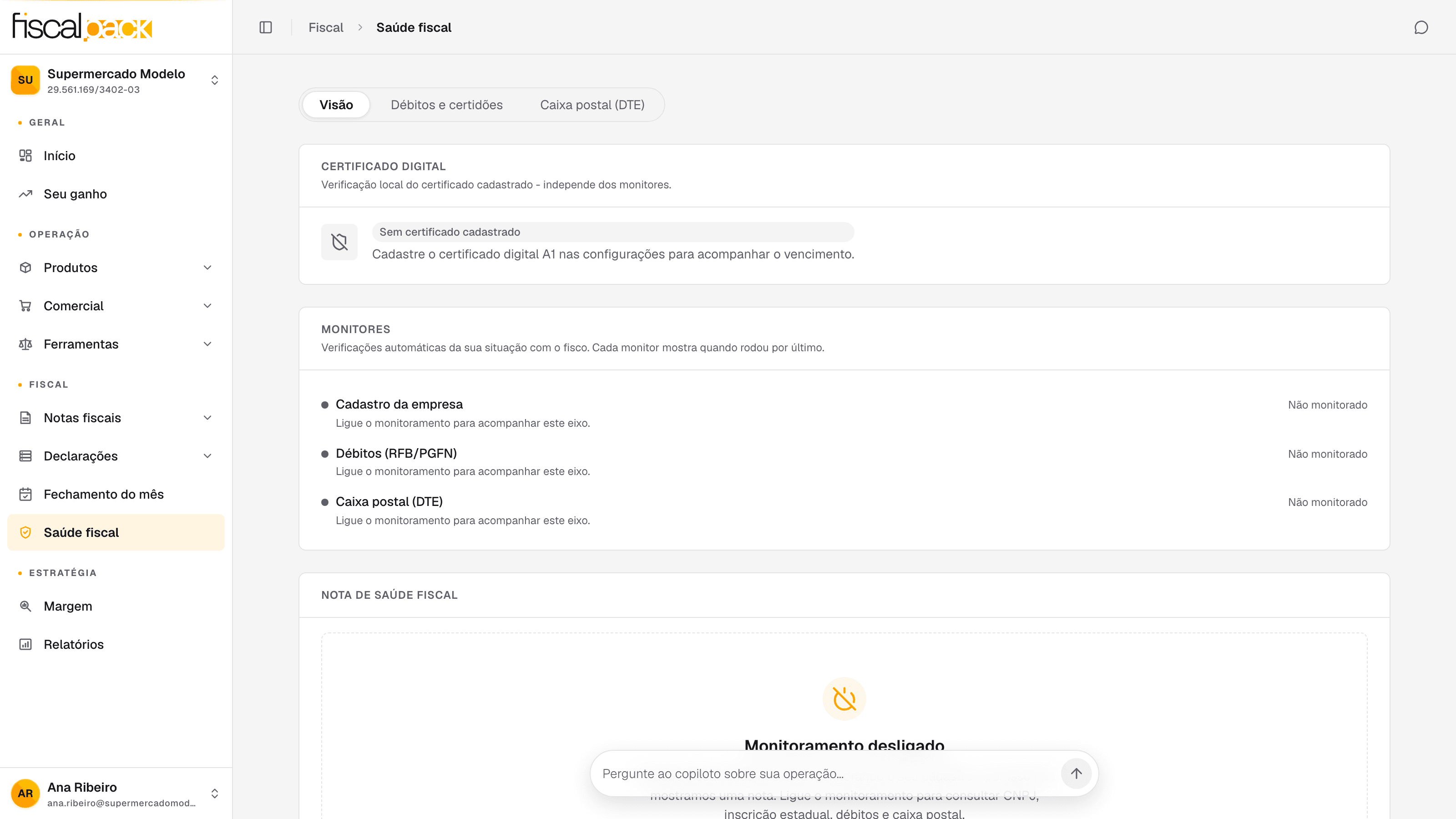 painel da Saúde fiscal com o cartão Certificado digital, a lista de Monitores e a nota de saúde fiscal