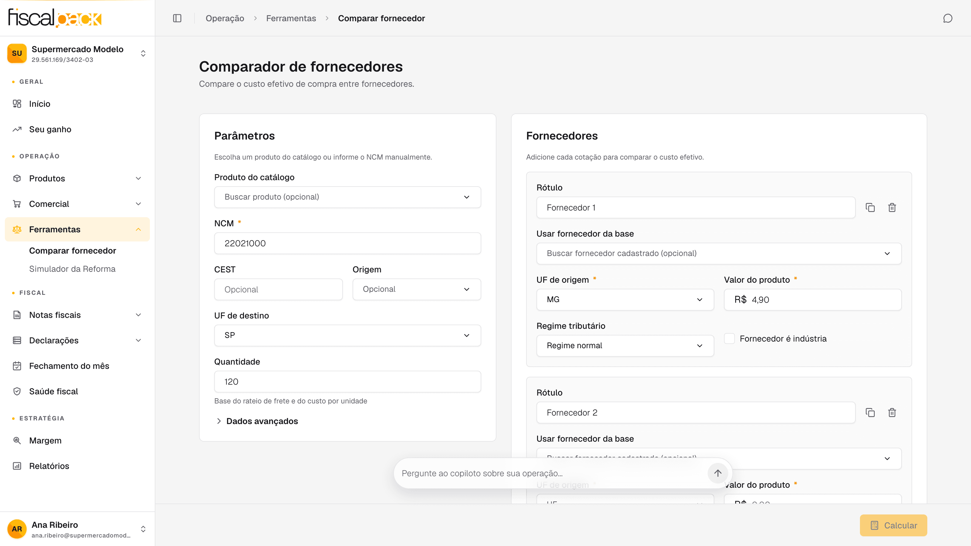 tela Comparador de fornecedores com Parâmetros à esquerda e cards de fornecedores à direita