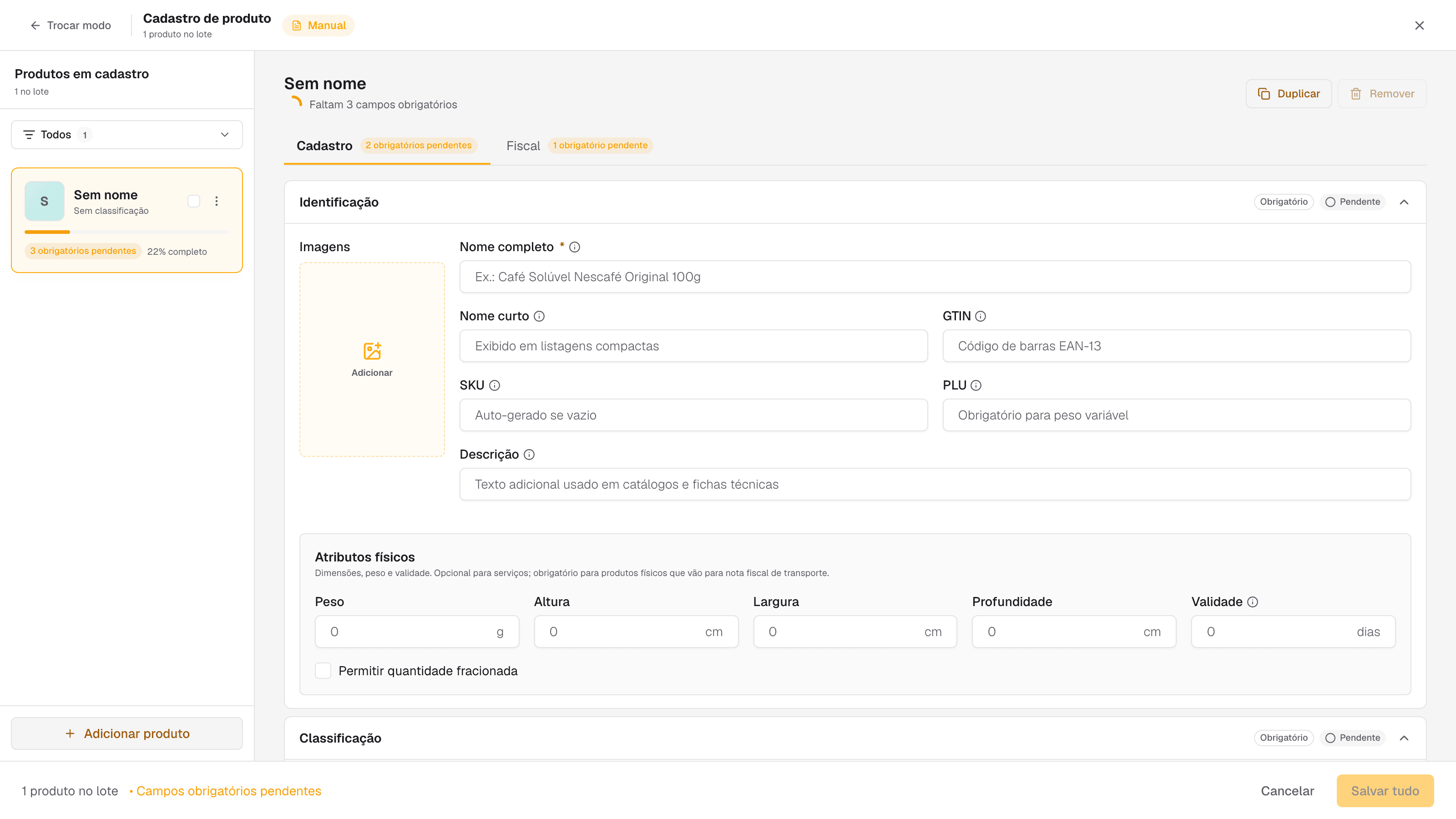 assistente de cadastro no modo Manual com os blocos do produto abertos
