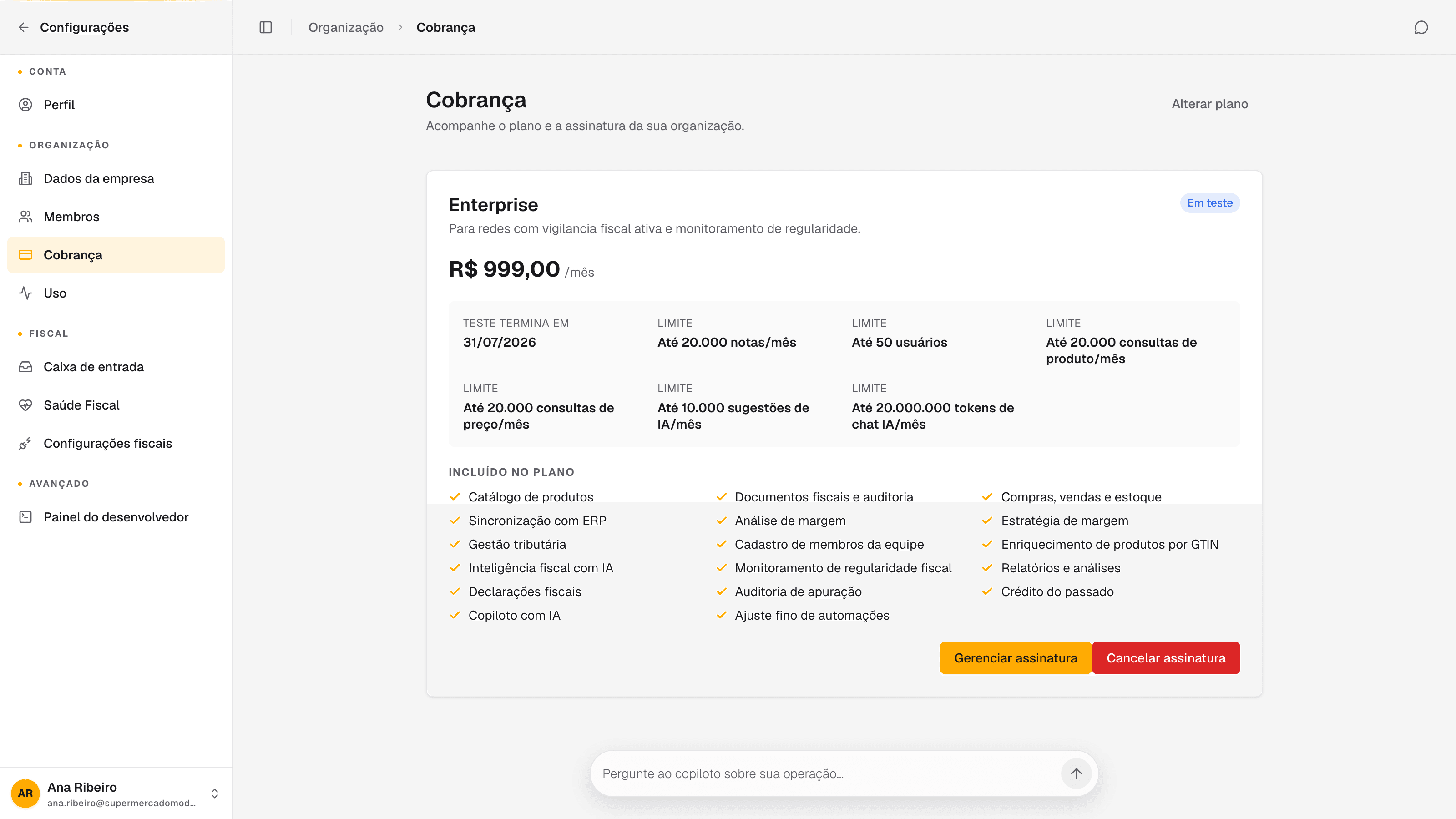 tela Cobrança com o plano atual, o status e os recursos incluídos