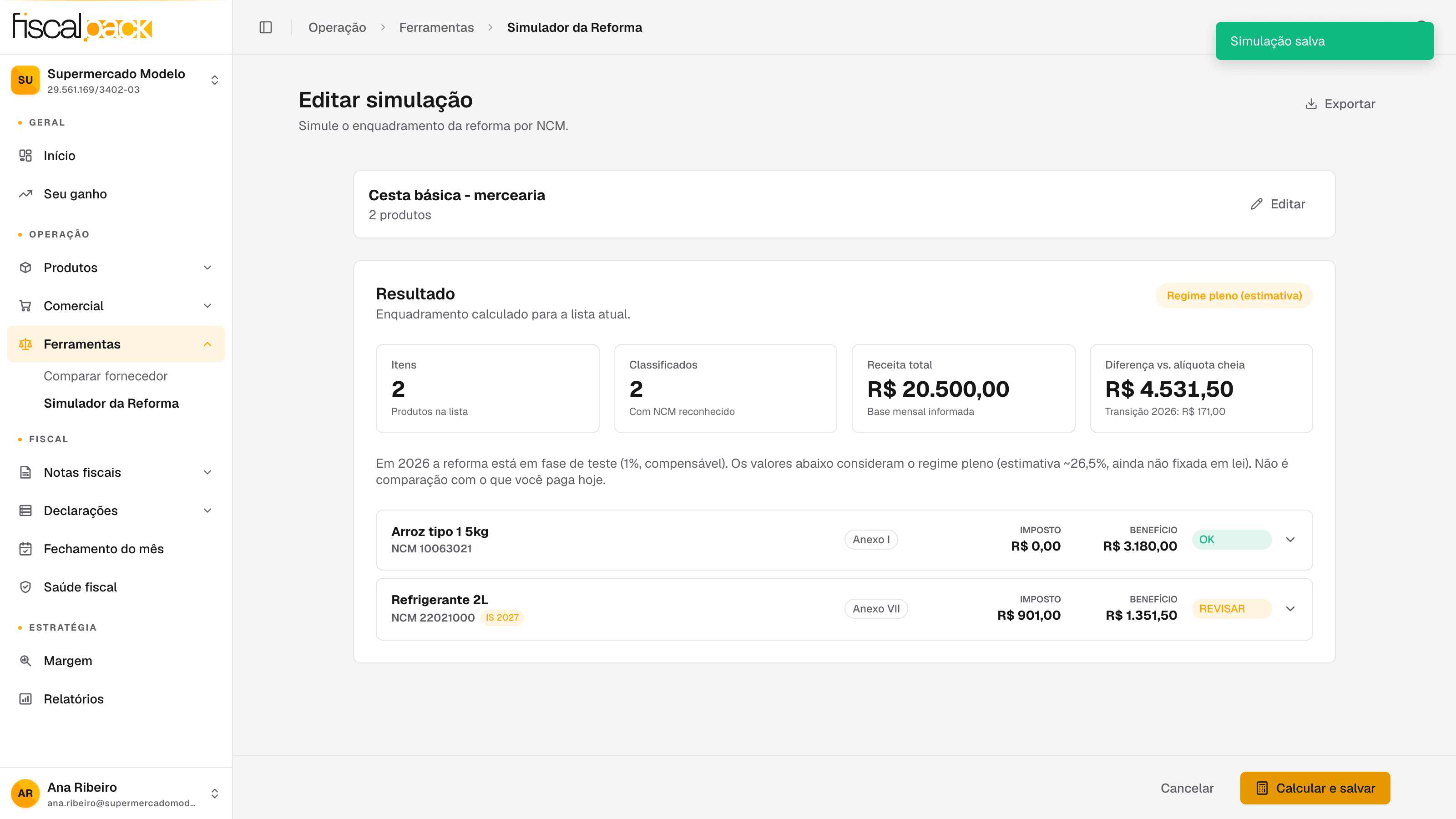 Simulador da Reforma com os produtos da simulação e o card de resultados