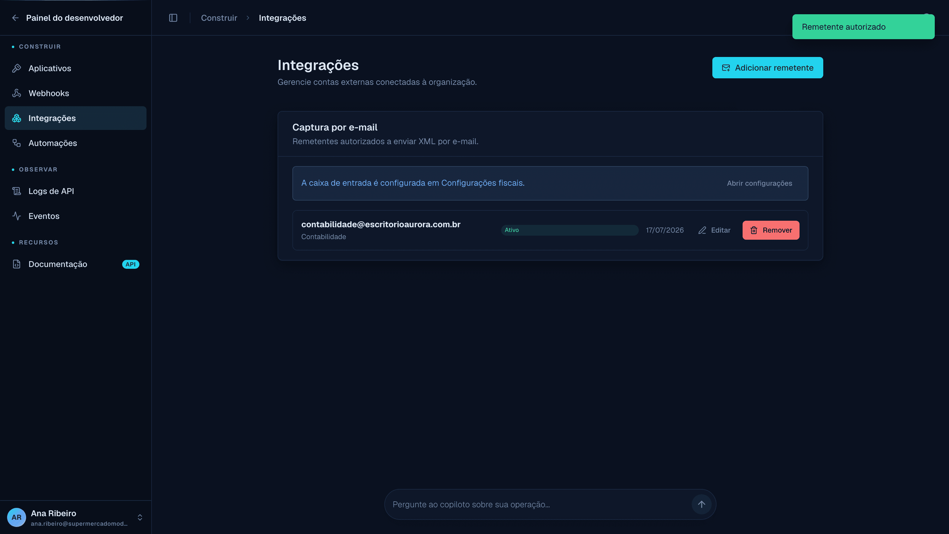 tela Integrações com o cartão Captura por e-mail e a lista de remetentes autorizados