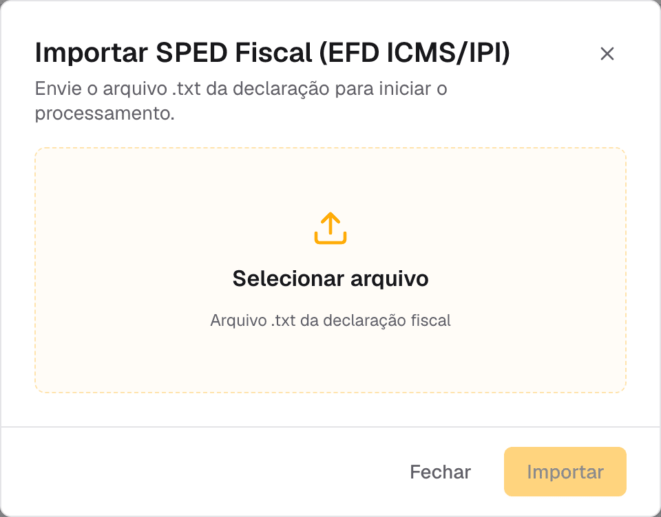 janela de importar declaração com a área de upload do arquivo .txt
